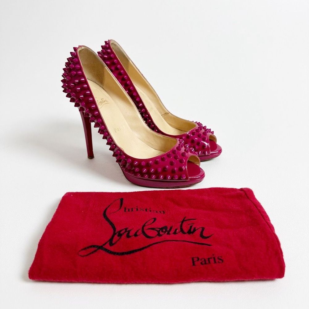 CHRISTIAN LOUBOUTIN Yolanda Pink Spike Heels Size 37.5 US 7 Peep Patent Leather
